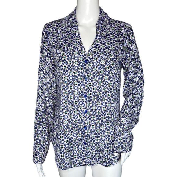 Express Shirt‎ Womens Small Blue Multi Geometric Portofino Chiffon Casual Career - Picture 1 of 8